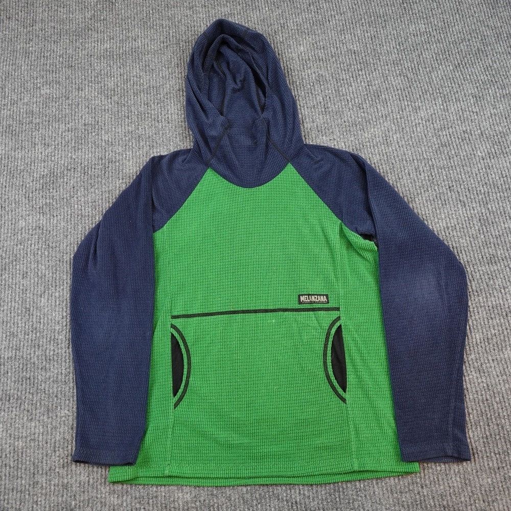 Melanzana Micro Grid Hoodie Kids XL Green Navy Pullover Fleece Layer Leadville